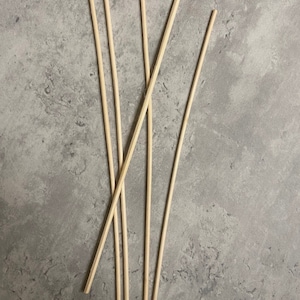 Puede incluir: Una colección de palitos de madera finos y de color claro, posiblemente brochetas o varillas difusoras, dispuestos en diagonal sobre un fondo gris moteado. Los palitos son rectos y están cortados uniformemente, lo que sugiere un artículo de artesanía o decoración del hogar.
