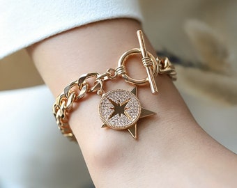 18k Gold Charm Bracelet , Gold Chain Bracelet, Gold Plated Star Charm Bracelet, Bracelet for Women