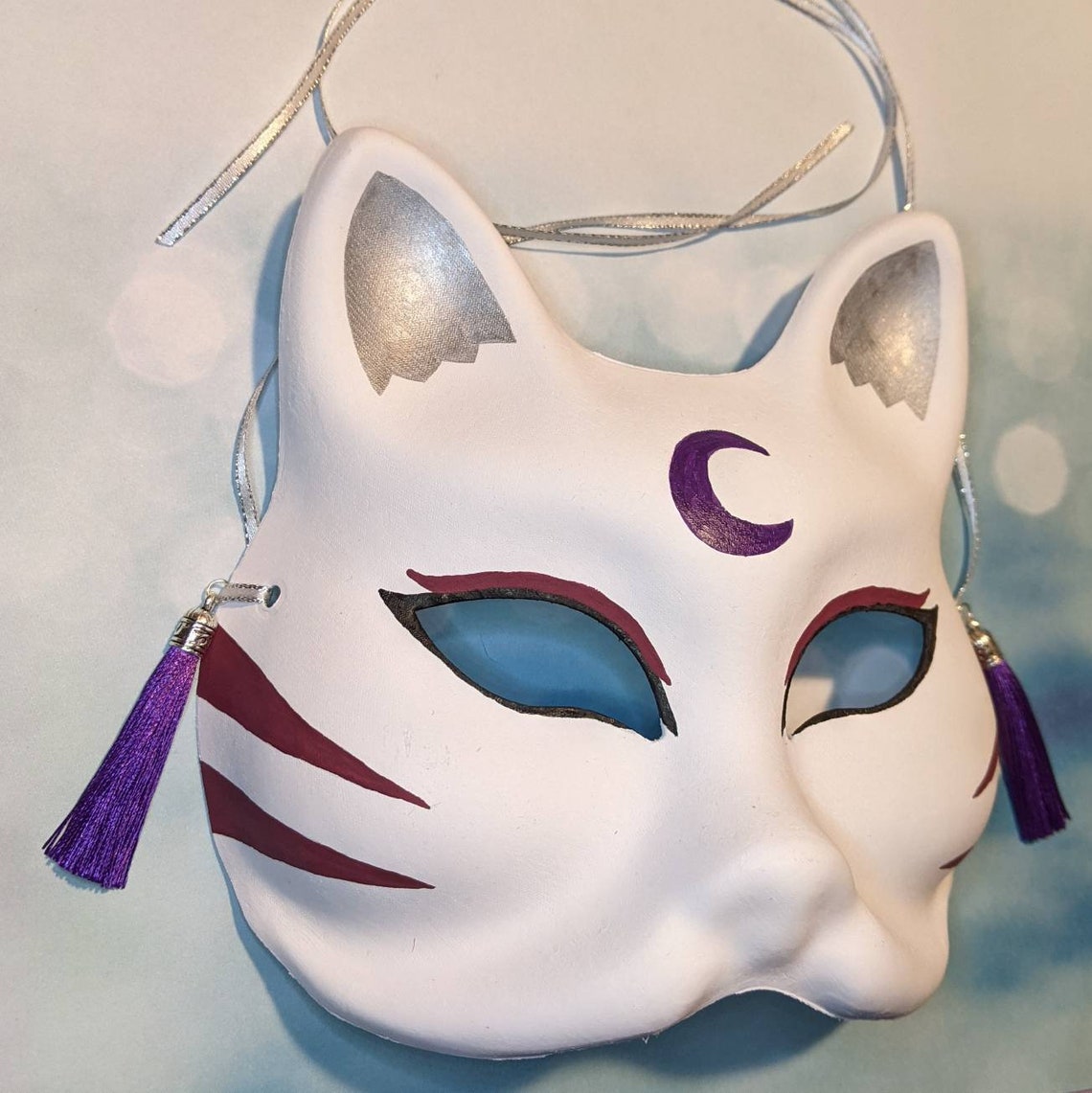 Animeinspired With Purple Moon Handpainted Kitsune Mask Etsy