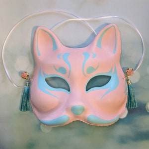 Pastel Pink/Blue Kitsune Hand-Painted Mask Made-To-Order | Japanese Kitsune Mask
