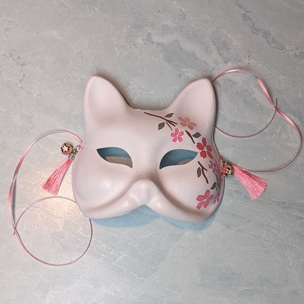 Flowering Branch Cherry Blossom Fox Mask | Sakura Japanese Kitsune Hand-Painted Mask