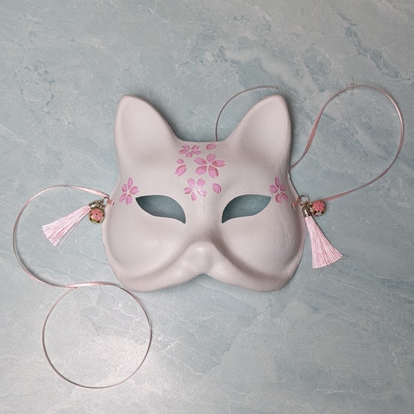 Metallic Pink Cherry Blossom Fox Mask | Sakura Japanese Kitsune Hand-Painted Mask