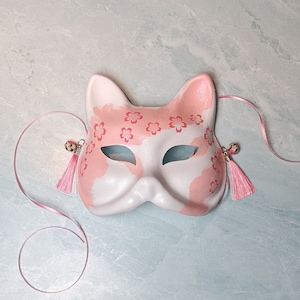 Bright Pink Cherry Blossom Fox Mask | Sakura Japanese Kitsune Hand-Painted Mask