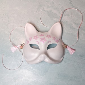 Blush Pink Cherry Blossom Fox Mask | Sakura Japanese Kitsune Hand-Painted Mask