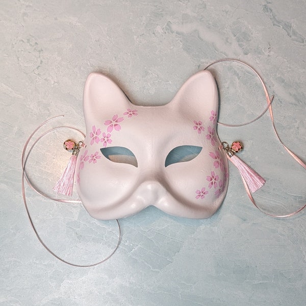 Light Pink Cherry Blossom Fox Mask | Sakura Japanese Kitsune Hand-Painted Mask