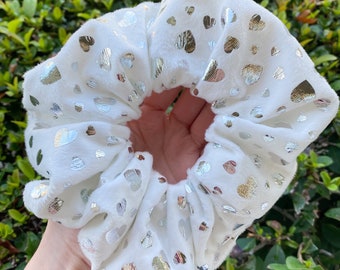 XL Metallic Heart Scrunchies, Super Soft oversized hair ties, Silver Hearts, Minky Fabric, Ponytail holder, White Fluffy large scrunchies