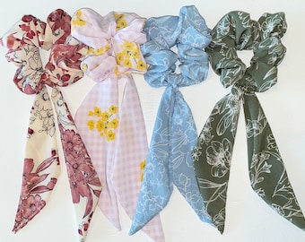 Long bow scrunchies, Silky print Scrunchies, Spring floral hair ties, Scrunchies with bows, Scrunchie Scarf, Hair scarf, Chiffon, Spring