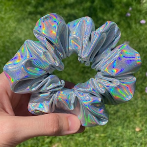 Silver holographic Scrunchies, Stretchy Scrunchies, Festival Scrunchies, Shiny hair accessories, Gifts for her, Reflective scrunchies image 5