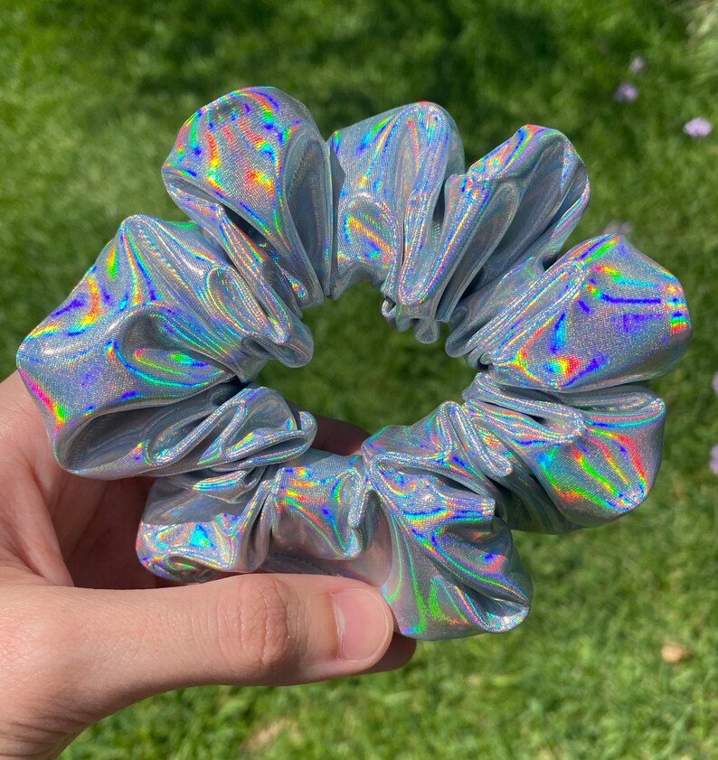 Silver holographic Scrunchies, Stretchy Scrunchies, Festival Scrunchies, Shiny hair accessories, Gifts for her, Reflective scrunchies image 5