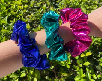 Metallic scrunchies, Festival hair ties, Stretchy, Shiny, Hot pink, Emerald green, Blinding scrunchies, Gymnastics, Cheer, Sports scrunchies