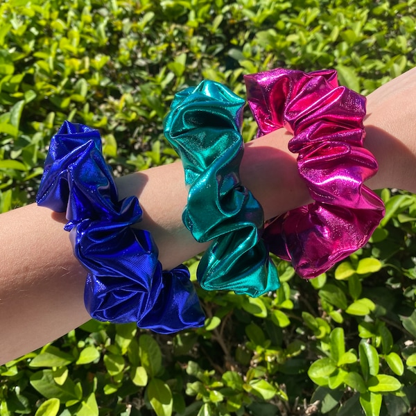 Metallic scrunchies, Festival hair ties, Stretchy, Shiny, Hot pink, Emerald green, Blinding scrunchies, Gymnastics, Cheer, Sports scrunchies