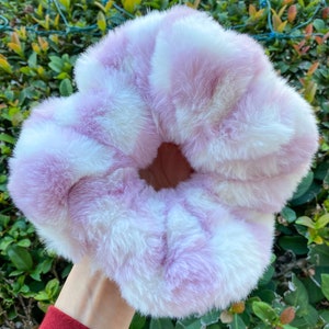 XL Faux Fur Scrunchies, Plush, Geo Pattern, Checkerboard, Pink and White Luxe Scrunchies, Robe, Furry, Gift for her, Fuzzy