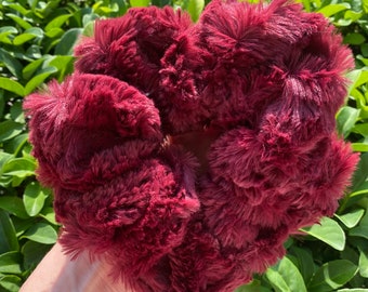 Red faux fur scrunchies, XL grey fuzzy scrunchie, Furry big scrunchies, Super soft hair ties, Gift for her, Jumbo luxe scrunchies