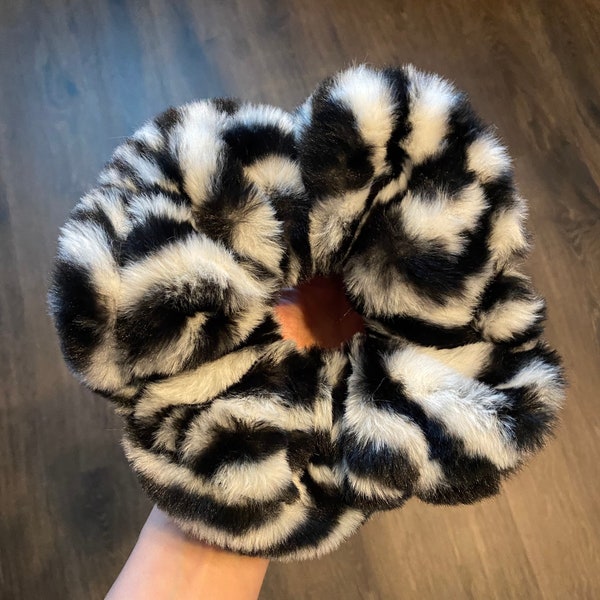 XL Faux Fur Scrunchie, Plush Hair Accessory, Furry, Fuzzy, Soft Minky, Oversized super soft ponytail holder, Gift, Black and white