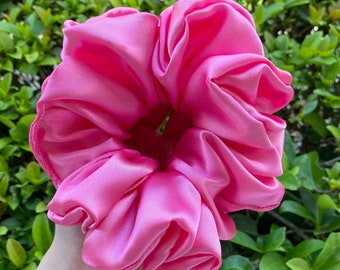 Bubble gum pink satin scrunchies, Jumbo scrunchies, Silky, Summer scrunchies, Barbie pink scrunchies, Large hair ties, XL satin scrunchies