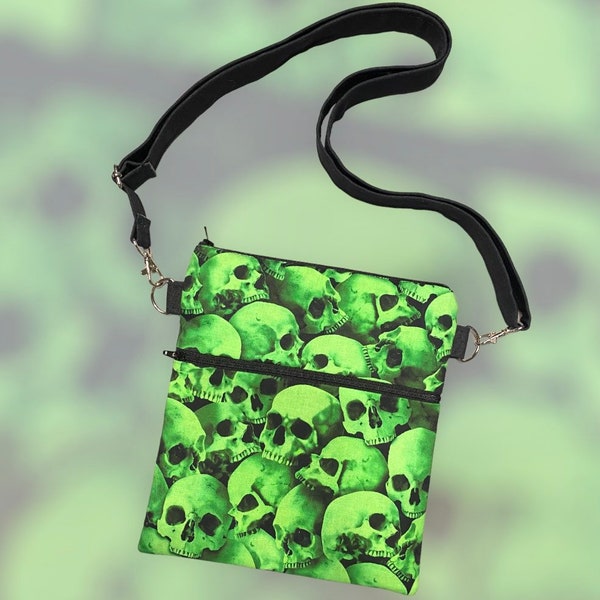 Neon Green Skull Crossbody, Gothic Purse, Messenger Bag, Travel purse, Halloween Purse, Adjustable strap, Spooky, Punk, Gift, Cotton handbag