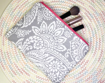 Grey floral accessory pouch, Zipper makeup bag, Fabric cosmetic case, Travel case, Handmade pouch, Small pencil bag, Floral makeup bag
