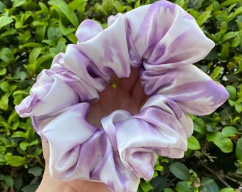 Purple Tie-dye Silky Satin Scrunchies, Lavender oversized hair ties, Ponytail holder, Spring scrunchies, XL silky scrunchie, Bridal gift