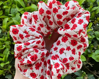 Floral Silk-like satin scrunchies, Chiffon, Jumbo hair ties, Red floral, Flowers, Spring scrunchies, Summer, Gift, Luxury scrunchie