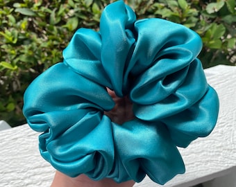 XL teal satin scrunchies, Silky, Blue hair ties, Summer hair accessories, Bridal, Gift, Shiny Satin, Jumbo Scrunchies, Large hair ties