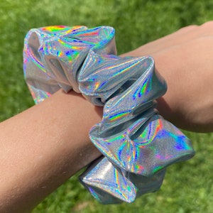 Silver holographic Scrunchies, Stretchy Scrunchies, Festival Scrunchies, Shiny hair accessories, Gifts for her, Reflective scrunchies image 2