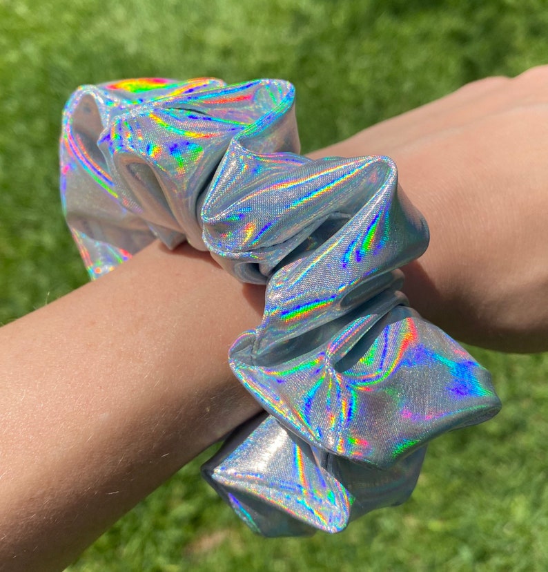 Silver holographic Scrunchies, Stretchy Scrunchies, Festival Scrunchies, Shiny hair accessories, Gifts for her, Reflective scrunchies image 2