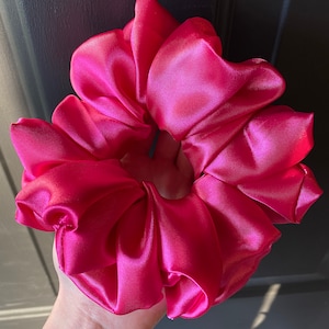 XL Hot Pink Satin scrunchies, Jumbo Strawberry pink scrunchy, Summer hair accessory, Soft, Smooth, Bridal, Gift
