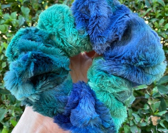 XL Faux Fur Scrunchies, Emerald Dreams scrunchie, Fluffy Large hair ties, Fuzzy scrunchies, So soft, Handmade, Blue scrunchies, Luxe