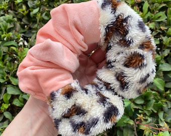 Half and half sew lush scrunchies, Leopard print, Pastel spring scrunchies, Mismatched hair ties, Pink and purple, Super soft scrunchies