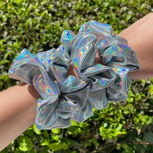 Silver holographic Scrunchies, Stretchy Scrunchies, Festival Scrunchies, Shiny hair accessories, Gifts for her, Reflective scrunchies image 6