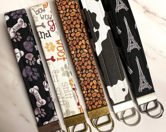 Keychain Wristlets, Lanyards, Fabric Keychain, Dog Wristlets, Paris Wristlet, Hearts, Cats, Cow print, Coffee, Keyfob, Car, Valentine’s Day