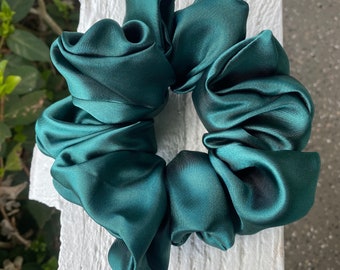 Emerald Green XL satin scrunchies, Jumbo hunter green scrunchies, Shiny satin accessories, Soft, Smooth, Summer, Gift, Scrunchy