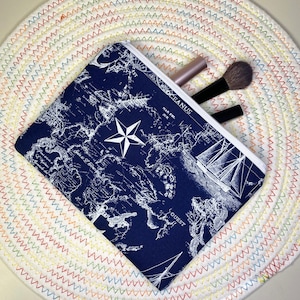 Nautical makeup bag, Zipper makeup bag, Accessories pouch, Fabric cosmetic case, Travel case, Handmade pouch, Ocean accessories, Ships