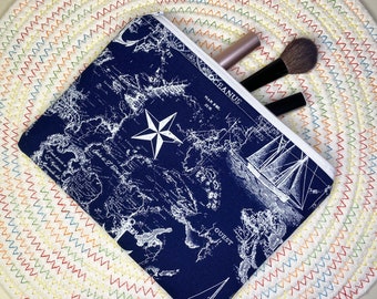 Nautical makeup bag, Zipper makeup bag, Accessories pouch, Fabric cosmetic case, Travel case, Handmade pouch, Ocean accessories, Ships
