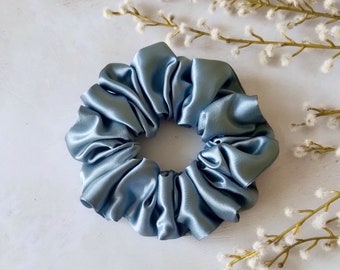 Pure Mulberry Silk Sustainable Scrunchie - Large Blue Grey Waterfall- Luxury 22 Momme Hair Accessory - Highest Quality 6A Grade Plastic Free