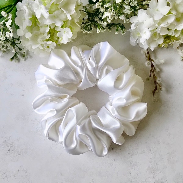 Pure Mulberry Silk Sustainable Scrunchie - Large White Serenity - Luxury 22 Momme, Highest Quality 6A Grade