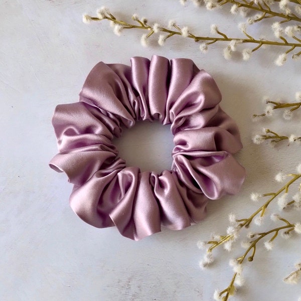 Pure Mulberry Silk Sustainable Scrunchie - Large Lilac Heather - Luxury 22 Momme Hair Accessory - Highest Quality 6A Grade and Plastic Free