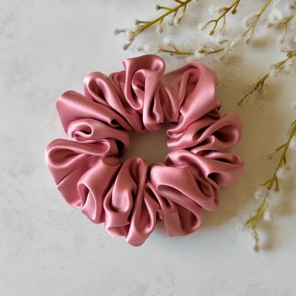 Pure Mulberry Silk Sustainable Scrunchie - Large Pink Rosewood - Luxury 30 Momme, Highest Quality 6A Grade