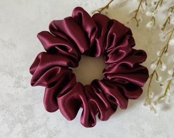 Pure Mulberry Silk Sustainable Scrunchie - Large Plum Red Damson - Luxury 30 Momme Hair Accessory - Highest Quality 6A Grade Plastic Free