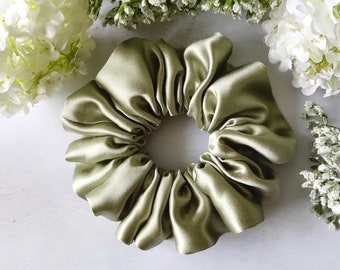 Pure Mulberry Silk Sustainable Scrunchie - Large Sage Green Willow - Luxury 30 Momme Hair Accessory - Highest Quality 6A Grade Plastic Free