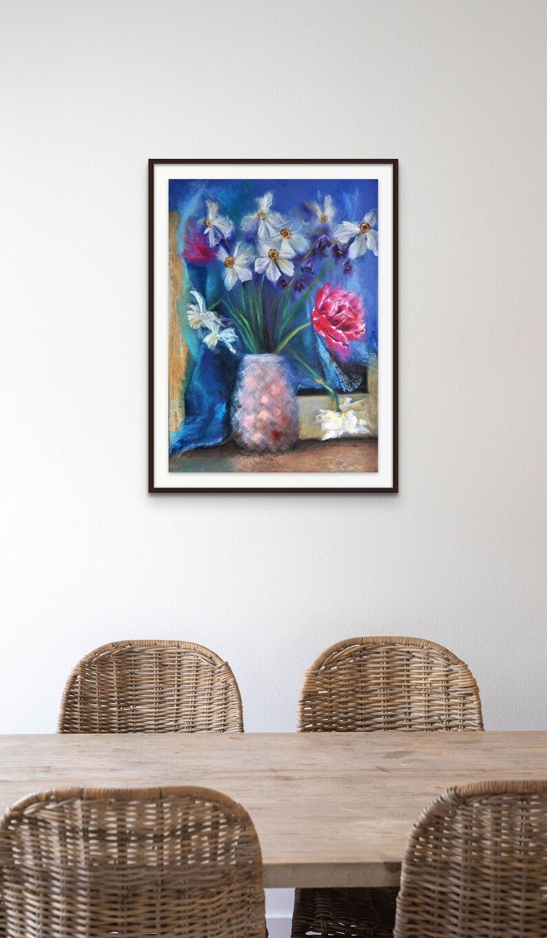 Original Framed Oil Pastel Wall Art Pink Floral Artwork Etsy