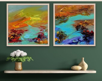 Original small oil abstract painting, Cozy autumn decor, Fall river wall art