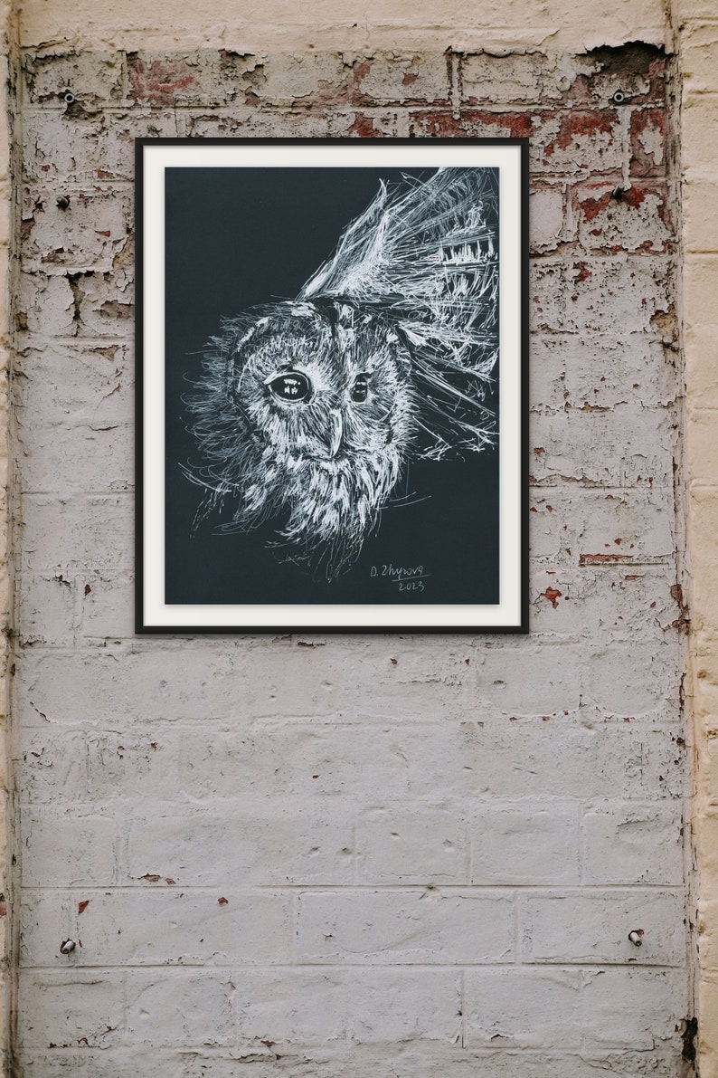 Original Owl Line Drawing Art, Owl Wall Art for Men, Sketch Art
