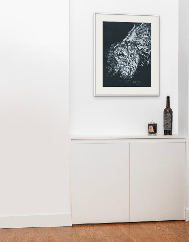 Original Owl Line Drawing Art, Owl Wall Art for Men, Sketch Art