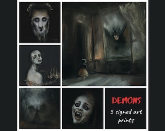 Set of 5 signed art prints, Demons Gothic home decor, Creepy cute drawing, Creepy cute Halloween decor