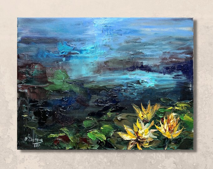 Original Oil Painting on Canvas Flowers, Impasto Water Lilies Canvas