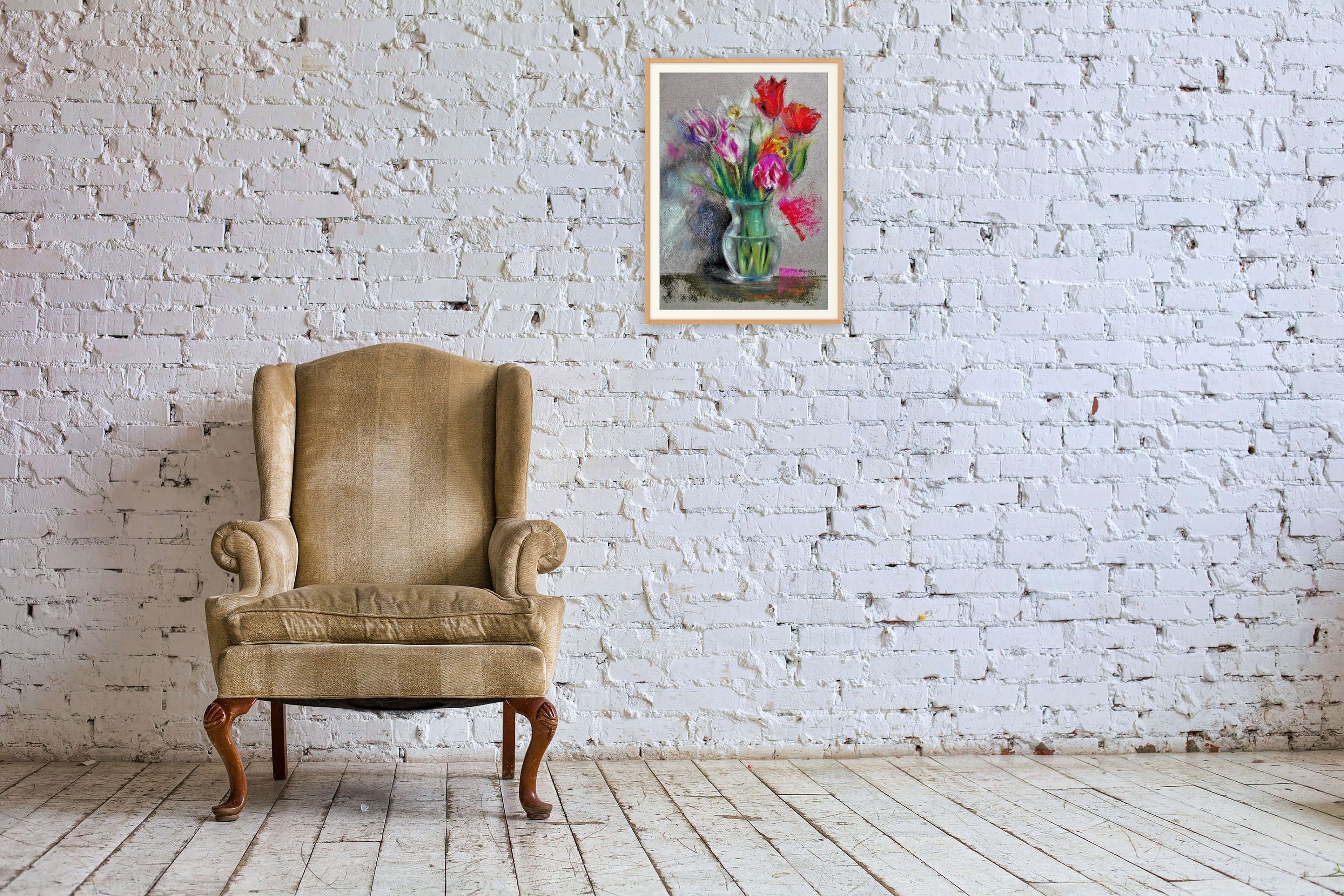 Original Framed Oil Pastel Wall Art Pink Floral Artwork Etsy