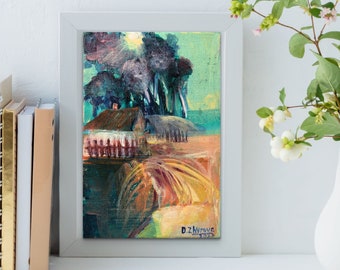 Original acrylic painting landscape countryside, Minimalist rustic wall art, Tiny colorful artwork, Farmhouse art wall decor