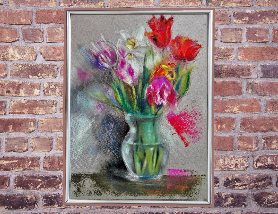 Original Framed Oil Pastel Wall Art Pink Floral Artwork Etsy
