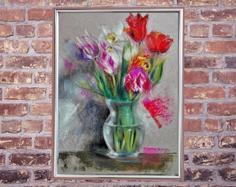 Original framed oil pastel wall art, Pink floral artwork, Floral bouquet painting original, Handpainted spring decor, Botanical wall art